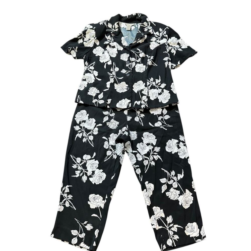 VTG 90S Y2K DRESS BARN BLOUSE CAPRI PANT SET BLACK WHITE COTTAGE FLORAL SIZE 16